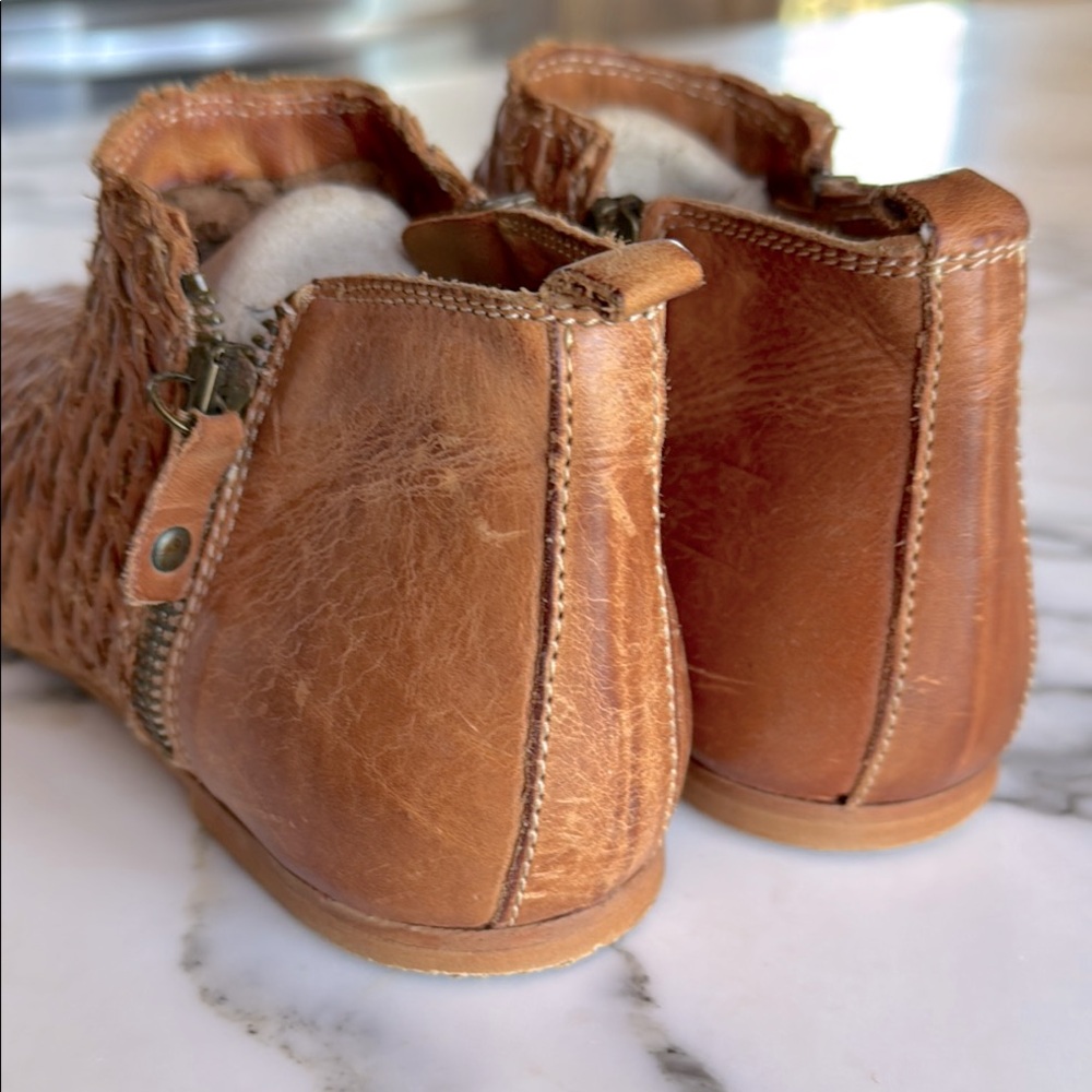 Sundance Woven Leather Peep Toe by Booties Cognac Back Zip Boho Women’s 38/7.5 - Picture 9 of 16